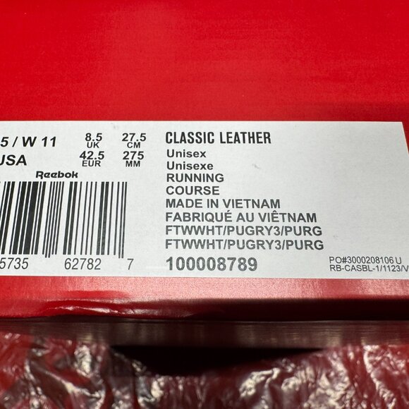 Men's Reebok Footwear classic leather shoes, ftwwht/pugry3/purgry, size 9.5 - Picture 5 of 5